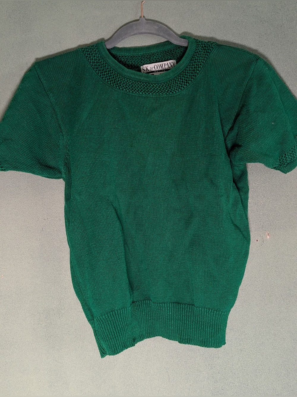 Vtg SK & Company Green Knit Short Sleeve Sweater Size Small